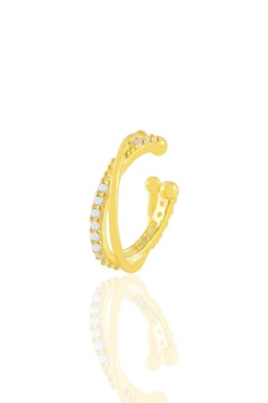 Silver Gold Zircon Stone Gilded Double Row Compressed Single Cartilage Earring - Söğütlü Silver