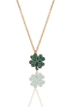 Silver Green Stone Clover Necklace SGTL10499 - Söğütlü Silver