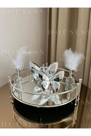 Silver Large Tray with Round Marbles, 2-Piece Silver Butterfly and 2-Piece Silver Feather Bowl Decorative Ornament Set HSS-DKRTF - Housess