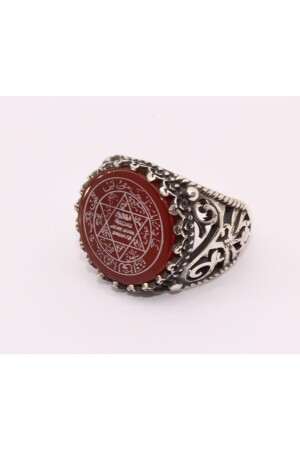 Silver Men's Ring with the Seal of Prophet Solomon Embroidered on Agate Stone GMS27263 - Canka