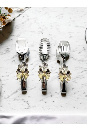 Silver Metal Salad - Pasta - Cake - Serving - Presentation - Food Tongs Set of 3 with Butterfly Accessories - Fiyakalı Ürünler