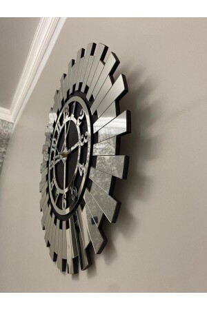 Silver Noble Decorative Wall Clock with Turkish Numbers Double Layer Black MDF with Silver Mirrored Plexiglass Clock - Tuba Design