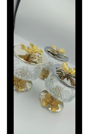 Silver Plated 3-Piece Glass Sugar Bowl Snack Bowl Presentation Holder with Lid and Feet Luxury Butterfly MNL1017 - Elzem