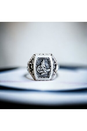 Silver Plated Adjustable Design Ottoman Tughra Crescent Star Men's Ring - Renery