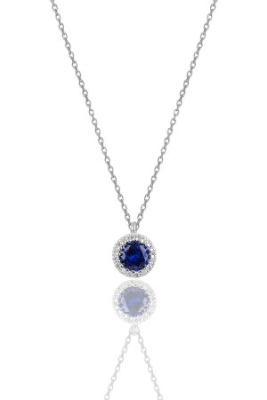 Silver Rhodium and Sapphire Stone Single Stone Necklace with Diamond Mounting TYC00179762557 - Söğütlü Silver