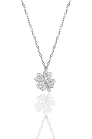 Silver Rhodium and Zircon Stone Four Leaf Clover Necklace SGTL10499 - Söğütlü Silver
