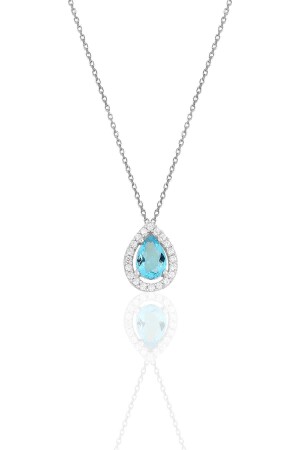 Silver Rhodium Aquamarine Stone Drop Model Necklace SGTL11005 - Söğütlü Silver