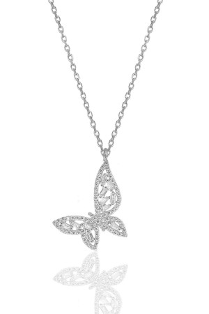 Silver Rhodium Baguette Cut Zircon Stone Butterfly Necklace SGTL11981 - Söğütlü Silver