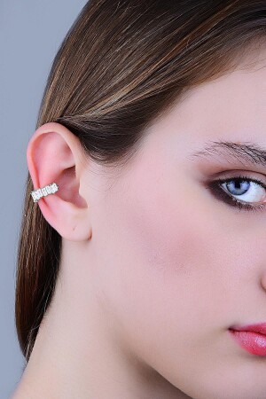 Silver Rhodium Baguette Cut Zircon Stone Compressed Cartilage Earring Ear Cuff - Söğütlü Silver