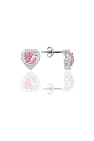 Silver Rhodium Diamond Model Pink Zircon Stone Heart Earring SGTL10051 - Söğütlü Silver