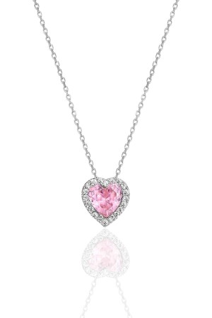 Silver Rhodium Pink Stone Diamond Heart Model Necklace SGTL12082 - Söğütlü Silver
