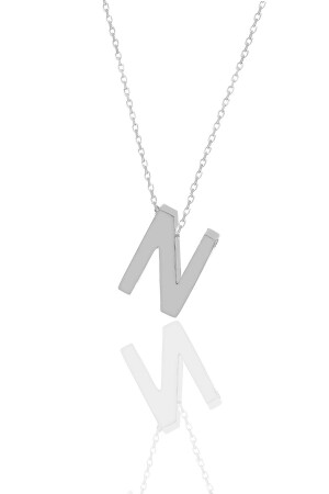 Silver Rhodium Three-Dimensional Minimal N Letter Necklace SGTL11181 - Söğütlü Silver