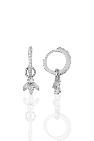 Silver Rhodium Zircon Three Stone Lotus Flower Earrings SGTL11943 - Söğütlü Silver