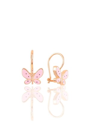 Silver Rose Enameled Hook Silver Butterfly Children's Earring - Söğütlü Silver