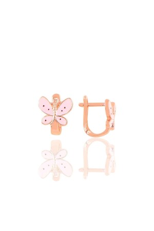 Silver Rose Pink Enameled Butterfly Children's Earring - Söğütlü Silver