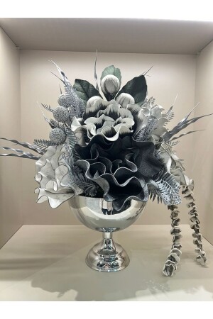 Silver Round Vase with Artificial Flowers No:1 - Tasarimhmoda
