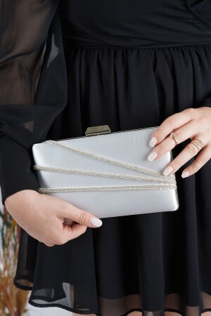 Silver Satin Silver Horizontal Three Rows of Stone Evening Dress Slim Model Women's Bag SCX00YSSKTKYÜT - LULE BAGS
