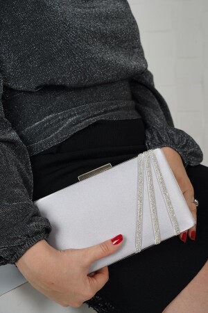 Silver Satin White Three Row Stone Evening Dress Slim Model Women's Bag - Lule Bags