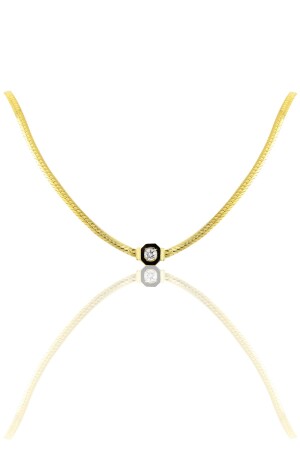 Silver Single Stone and Enameled Herringbone Chain Necklace SGTL10018GOLD - Söğütlü Silver