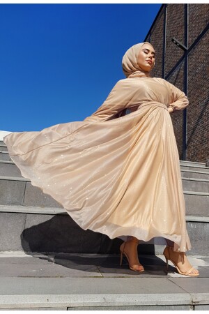 Silvery Salmon Hijab Evening Dress with Belted Waist, silvery evening dress - MY DREAM