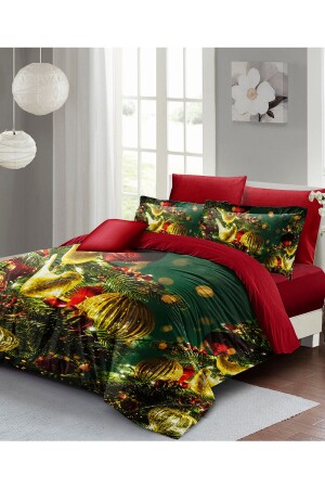 Silvester-Bettbezug-Set (mit elastischen Laken), Doppelbett, 100 % Baumwollsatin, grüne Dekorationen, monohome41687 - Monohome