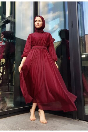 Simli Belden Kuşaklı Bordo Tesettür Abiye Elbise - My Dream