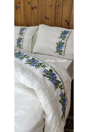Single Authentic Buldan Duvet Cover Set Blue Embroidery 101203 - Pamuk Evim