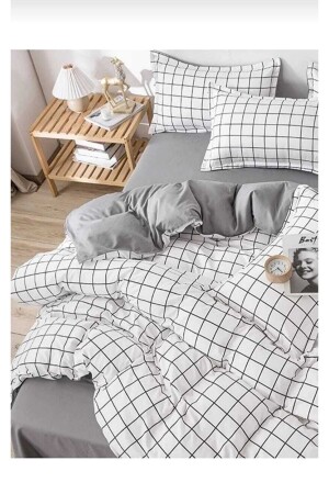 Single Checkered & Gray Double-Sided Duvet Cover Set, Duvet Cover + Pillowcase 160 X 215 TYC00639169396 - Kaan