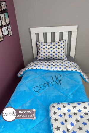 Single Double-Way Welsoft Duvet with Pillowcase Soft Surface 155x215cm Blue Star - Çetinhome