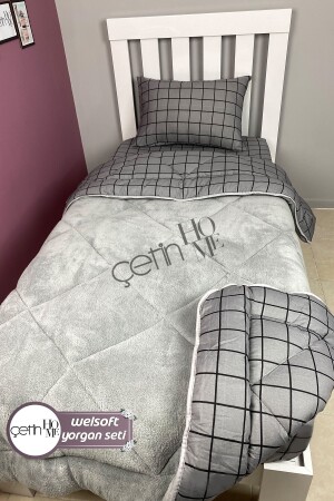 Single Double-Way Welsoft Duvet with Pillowcase Soft Surface 155x215cm Square Smoked - Çetinhome