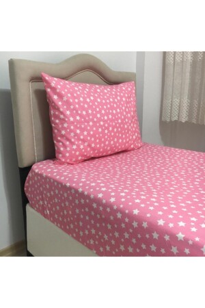 Single Pink Star Patterned Fitted Sheet + Duvet Cover + 1 Pillow Case 123yıldıznevr - Mert