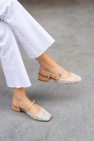 Sista Beige Tweed Detaillierte Damen Ballerina Ballerina SISTA - LAMİNTA