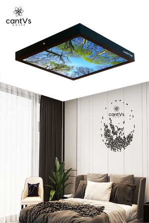 Siyah Ahşap Çerçeveli Tavan Led 60x60cm Panel Aydınlatma Avize Salon Yatak Odası Mutfak Beyaz Işık YNİSYH01 - cantVs