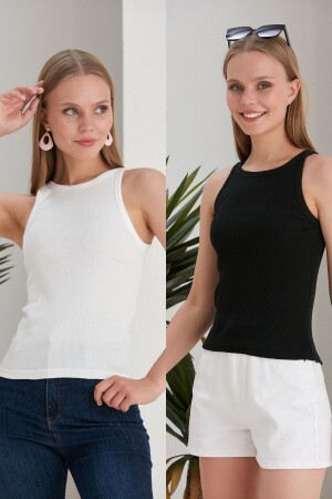 Siyah Beyaz 2'li Fitted-Vücuda Oturan Fitilli Esnek Örme Bluz Set - Catspy
