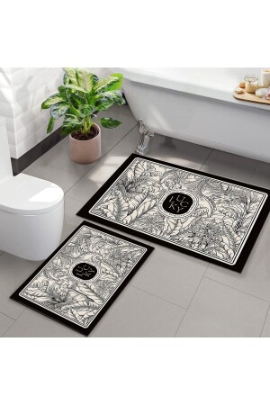 Siyah Beyaz Çiçekli Yıkanabilir Kaymaz Taban 2li Banyo Halısı Paspas Klozet Takımı ossolove - 3D ELSE HALI