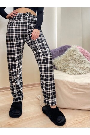 Siyah Beyaz Ekoseli Kareli Kadın Kadife Pijama Altı Eşofman Pamuklu - Betimoda