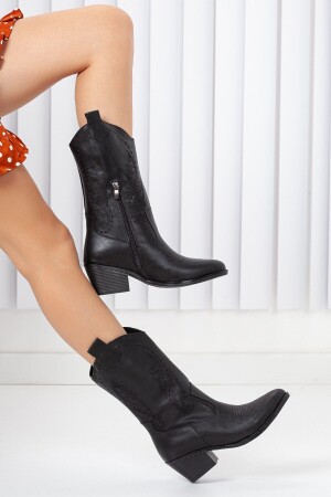 Siyah Cilt Siyah Nakışlı Fermuarlı Western Kadın Kovboy Çizme - Bak Store