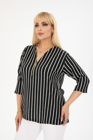 Siyah Çizgili Desenli Fermuarlı Bluz - Hülya Butik