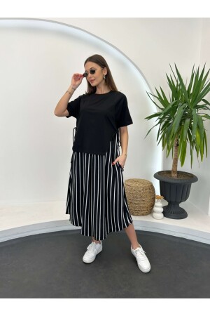 Siyah Eteği Çizgi Desen Salaş Elbise - Elif Özbey Butik