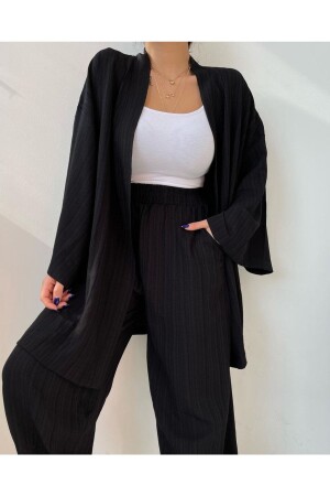 Siyah Gofre Kimono Alt-üst Takım - Genel Markalar