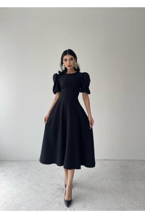 Siyah Karpuz Kollu Midi Boy Elbise - Afiş Butik