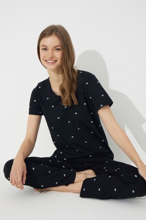 Siyah Kısa Kollu Pamuklu Pijama Takımı - Siyah İnci