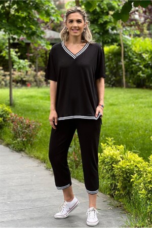 Siyah Kısa Kollu Şeritli Ikili Takım - Pantolon Bluz - Nevin Kaya Moda