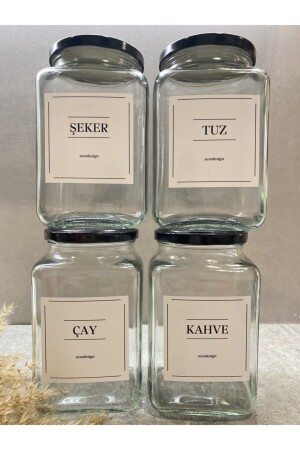 Siyah Metal Kapak 4lü Cam Kavanoz 1000ml Çay-şeker-kahve-tuz Zeze000197 - zezedesing