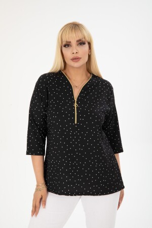 Siyah Puan Desenli Fermuarlı Buluz - Hülya Butik