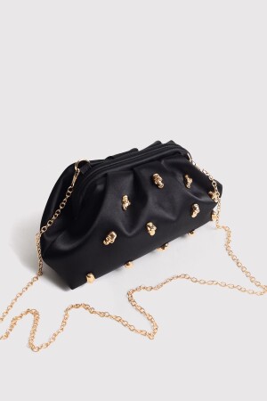 Siyah Saten Kuru Kafa Taşlı Clutch Abiye Çanta - Berlesi