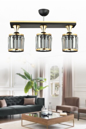 Siyah Sıralı Kristal Taşlı 3'li Plafonyer Sarı Şeritli Silindir Lüks Avize TYC00829672196 - Kraliçe