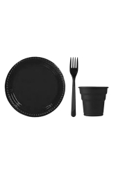 Siyah Tabak Bardak Çatal Seti Plastik 25 Kişilik Kullan At - Surprise Party Store