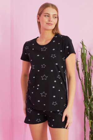 siyah yıldız desenli Pamuklu Şort-Pijama Takım - Siyah İnci