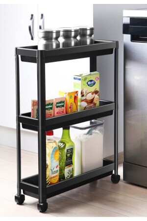 (SİYAH)tekerlekli Dikdörtgen 3 Katlı Raf Ünitesi - Banyo Mutfak Düzenleyici Organizer - Omaş Household Product